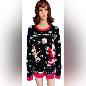 Festive Black and Red Sweater with Santa and Reindeer